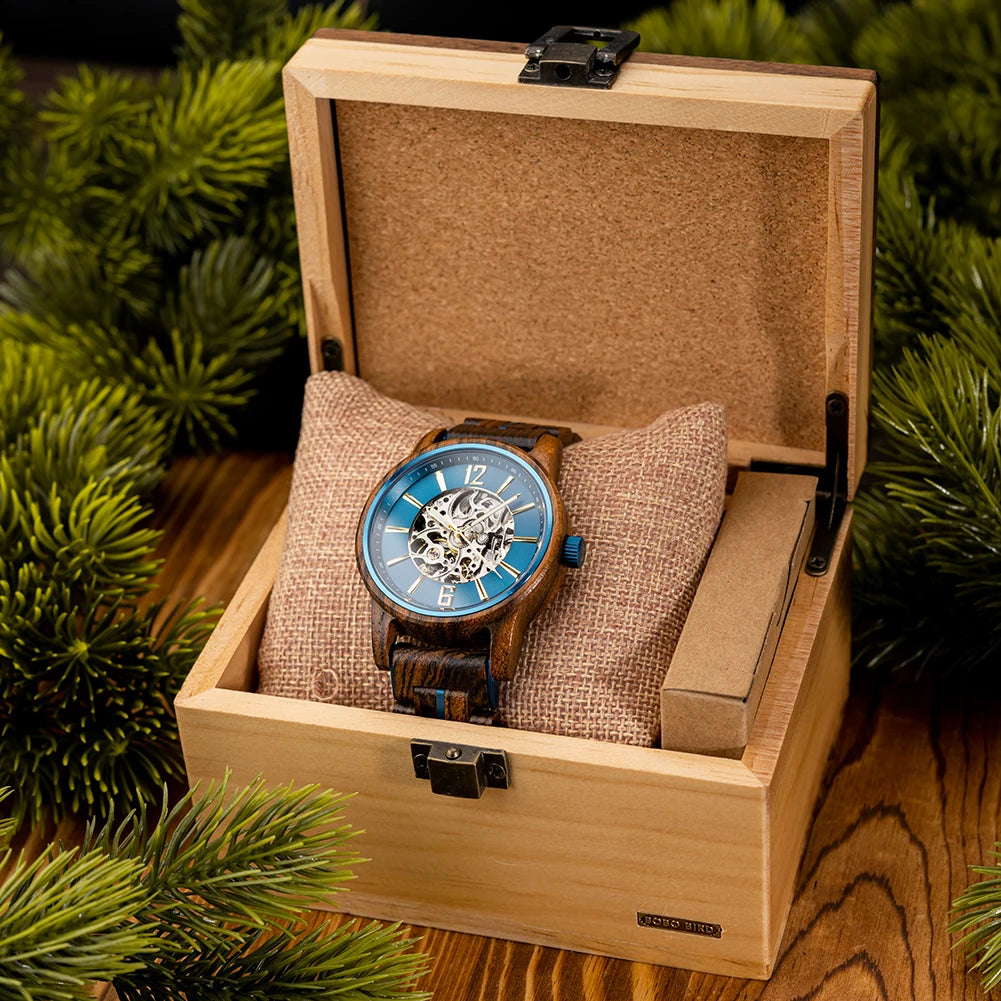 BOBO BIRD Nuevos Relojes Mecánicos para Hombre de Madera Real de Lujo Esqueleto Automático Regalo Personalizado de Navidad para Hombre