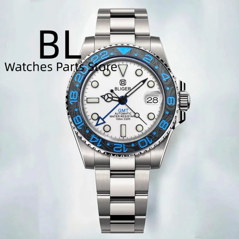 BLIGER 40mm Customizable Logo Blue GMT Watch for Men Black White Dial Green Luminous Sapphire Glass Waterproof Reloj Hombre Date