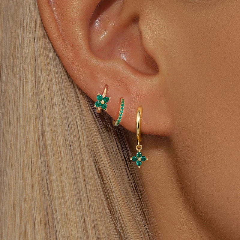 Pendientes de acero inoxidable con forma de flor y circonitas para mujer - Set de 3 piezas