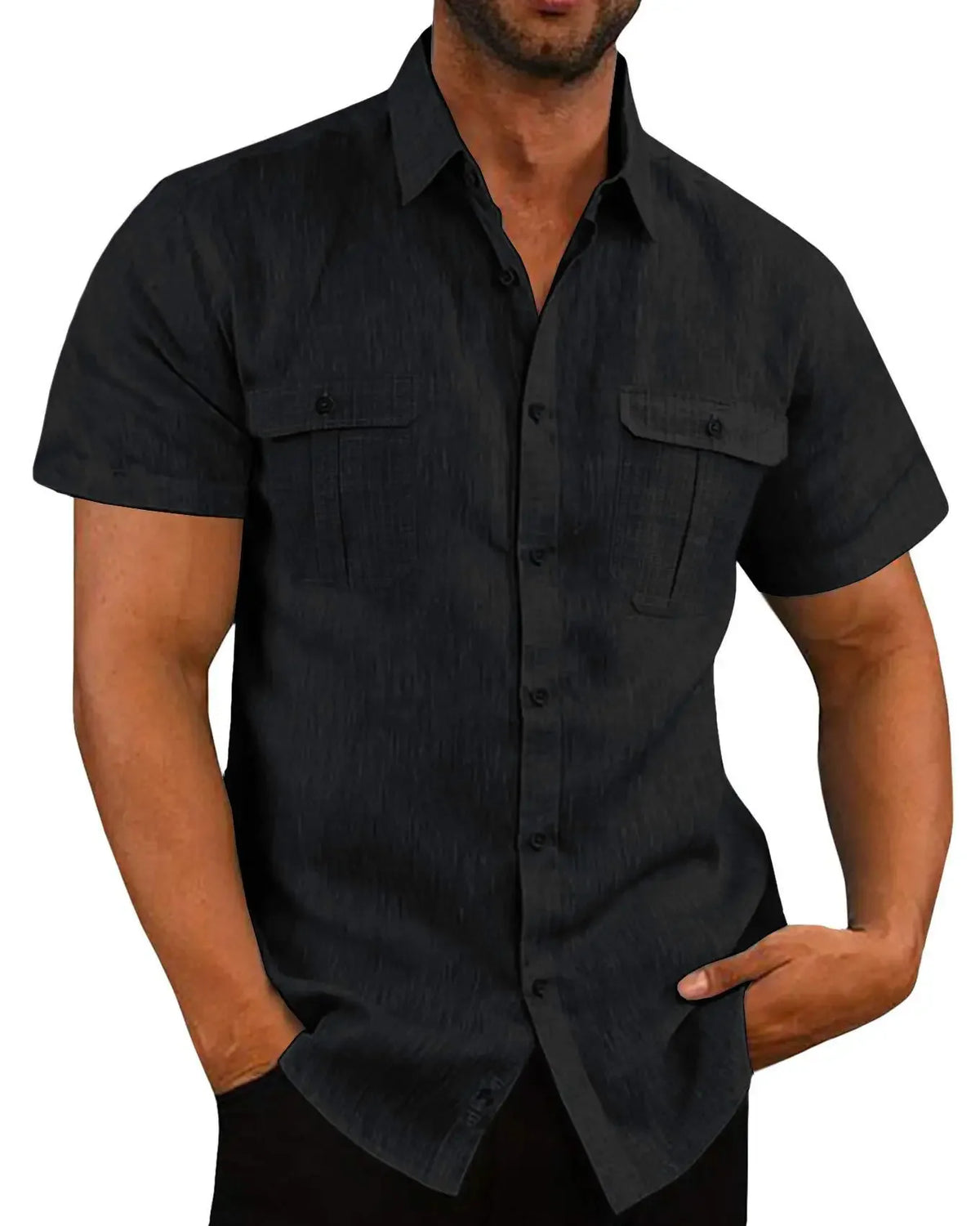 Herrskjortor i linne på rea – kortärmade, enfärgade sommarskjortor med bekväm krage i ledig strandstil, stora storlekar M–4XL
