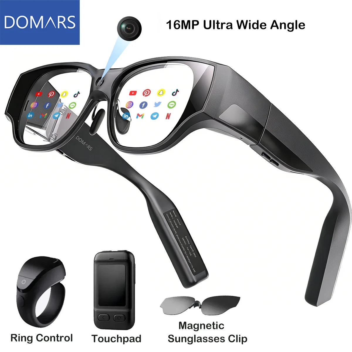 Domars AIR3 AR Smart Glasses 16MP Camera AI Real-Time Text Translation 1080P Virtual Screen Augmented Reality With Ring