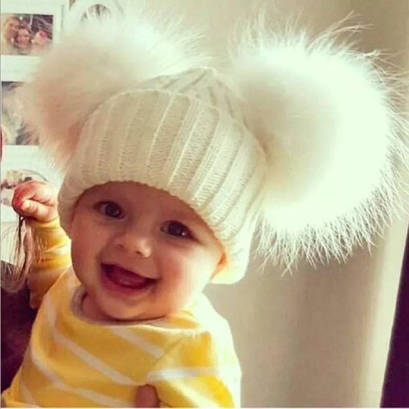 Gorro de punto para bebé de invierno con dos pompones de piel, gorro con bolas de piel natural para niños y niñas, gorro infantil con doble pompón de piel real