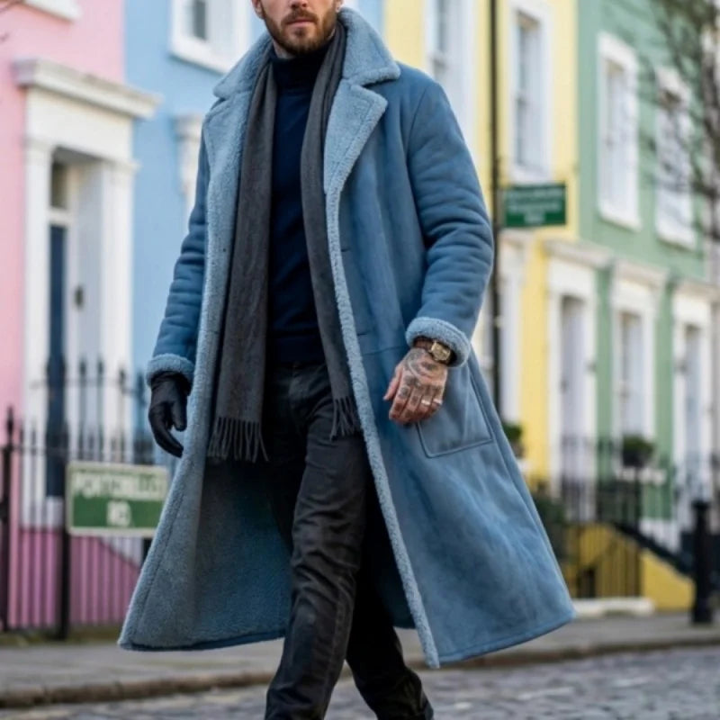 Men's Plus-Size Winter Long Fleece Coat with Turn-Down Collar