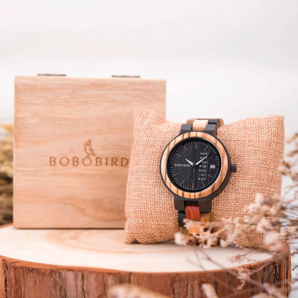 BOBO BIRD Wood Watch Men Women Quartz Week Date Couple Timepiece Colorful Wooden Band Logo Customize Gift Box