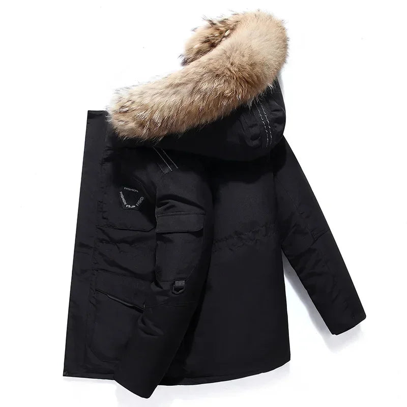 Chaqueta de invierno para hombre, gruesa de algodón y poliéster, con cuello de pelo y capucha