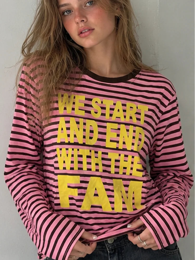 Women Letter Print Striped Long Sleeve T-shirt Crew Neck Loose Fit Pink Black Stripe Y2K Casual Streetwear Ladies Tops