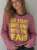Women Letter Print Striped Long Sleeve T-shirt Crew Neck Loose Fit Pink Black Stripe Y2K Casual Streetwear Ladies Tops