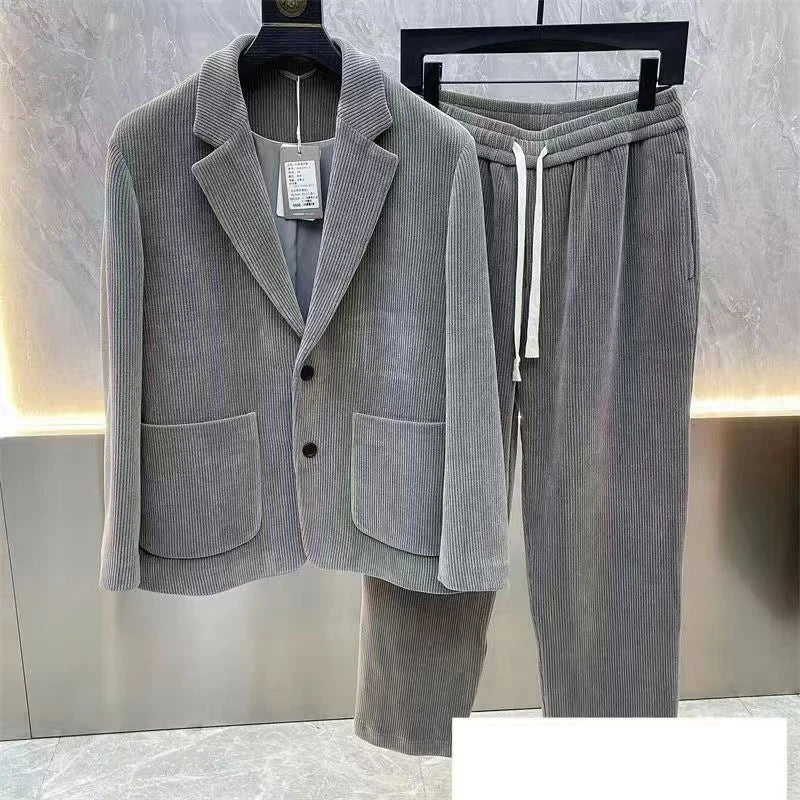 Fashion Suit Men's Spring Autumn Long Sleeve High-End Casual Korean Slim Two-Piece Set Solid Wrinkle Blazer With Lining Outfits