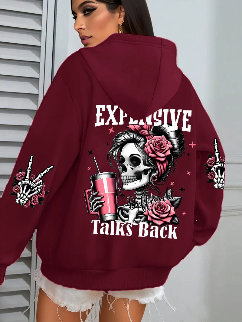 Sudadera con capucha para mujer, estampado divertido "Expensive Talks Back", suelta, multicolor, con forro polar, estilo deportivo informal con bolsillo para otoño