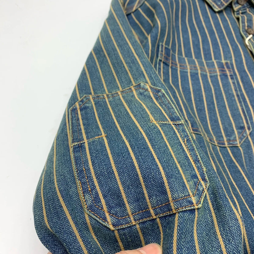 2025 Höst Ny Amerikansk Retro Tung Randig Denim Skjortjacka Herr 100% Bomull Tvättad Gammaldags Lös Fritidsjacka