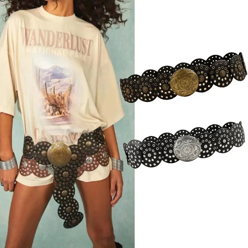 Cinturón de mezclilla estilo vaquero para mujer, metal de alta calidad, hueco, tendencia para damas, cintura ancha, vintage, personalizado, redondo, DT148