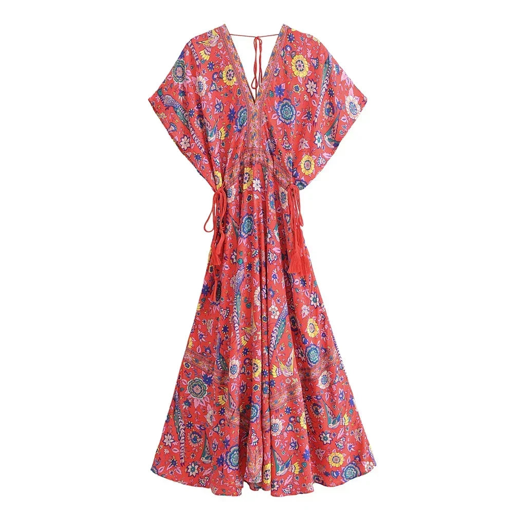 Boho Queens Women Peacock Floral Print Bat Sleeve Beach Bohemian  Maxi Dresses Ladies v Neck Tassel Summer Dress Vestidos