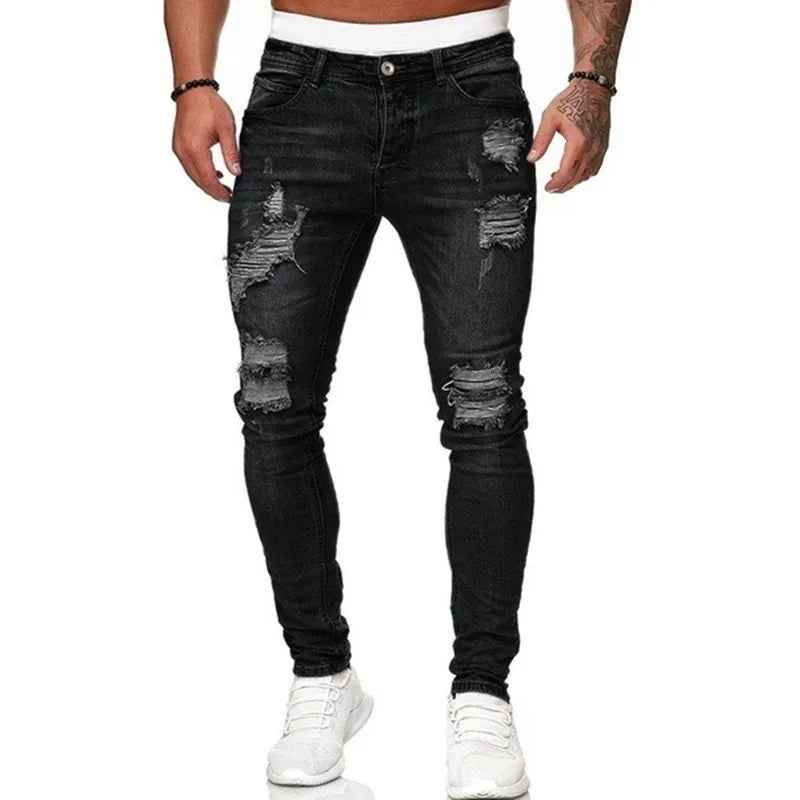 Mode Street Style slitna skinny jeans för män vintagetvätt enfärgade jeansbyxor herr vardagliga slim fit pennjeans heta nyheter