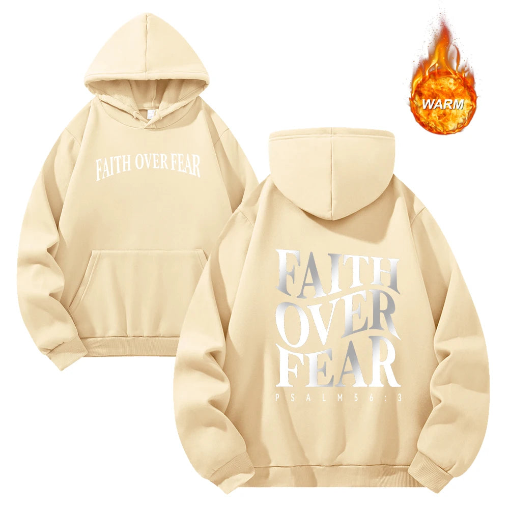 "Faith Over Fear" tryckt tjockare huvtröja för män, höst- och vintertröja med dragsko, vardagskläder för pendling