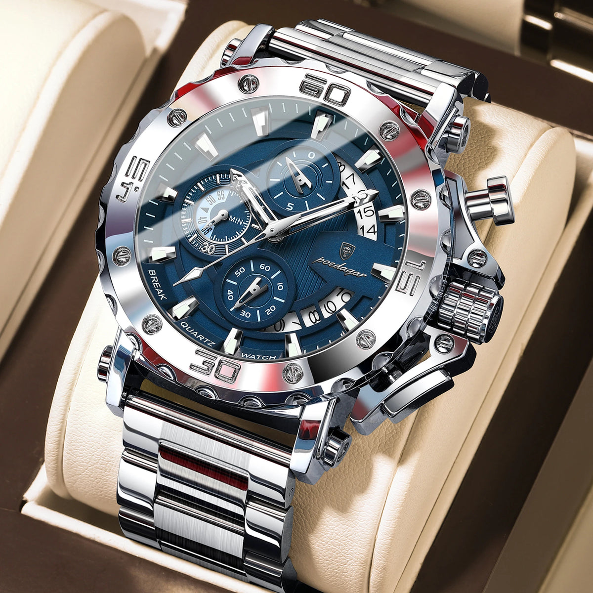 POEDAGAR Top Business Men's Wristwatch Luminous Waterproof Man Clock Chronograph Calendar Stainless Steel Quartz Watches for Men