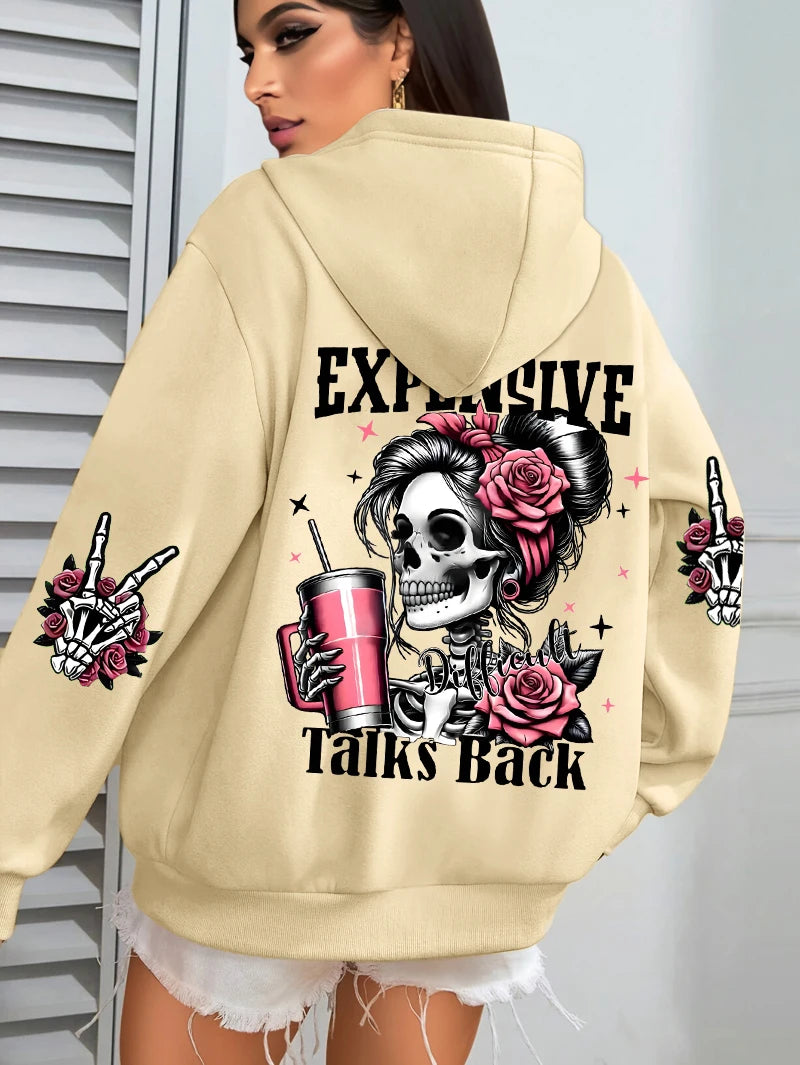 Sudadera con capucha para mujer, estampado divertido "Expensive Talks Back", suelta, multicolor, con forro polar, estilo deportivo informal con bolsillo para otoño