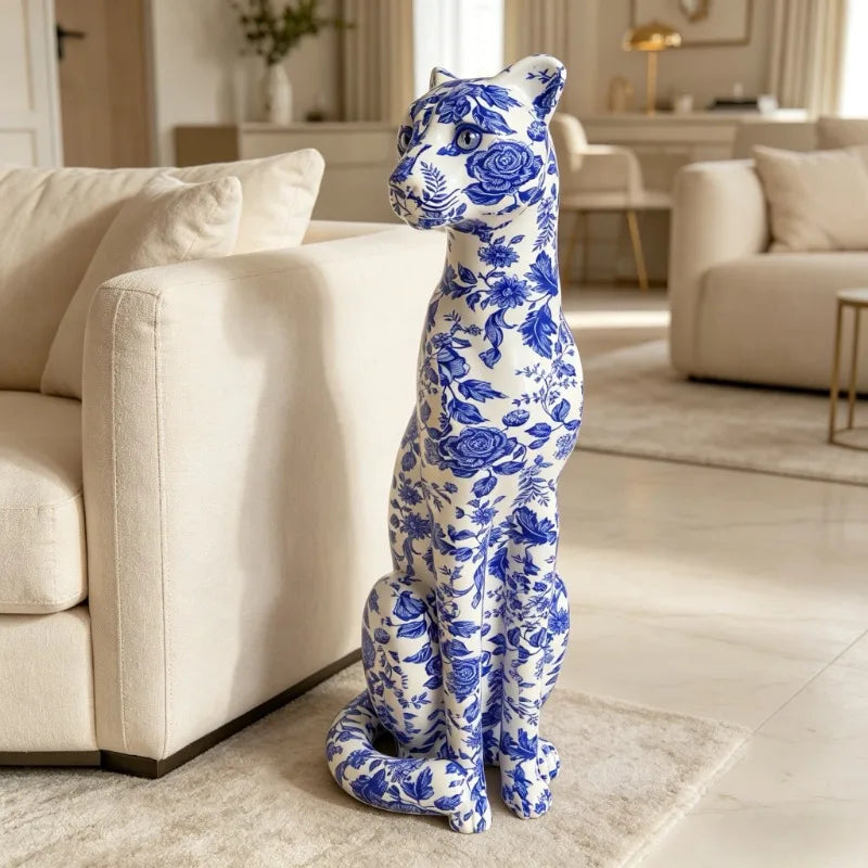 Blue and White Porcelain Leopard Resin Sculpture for Home Decor