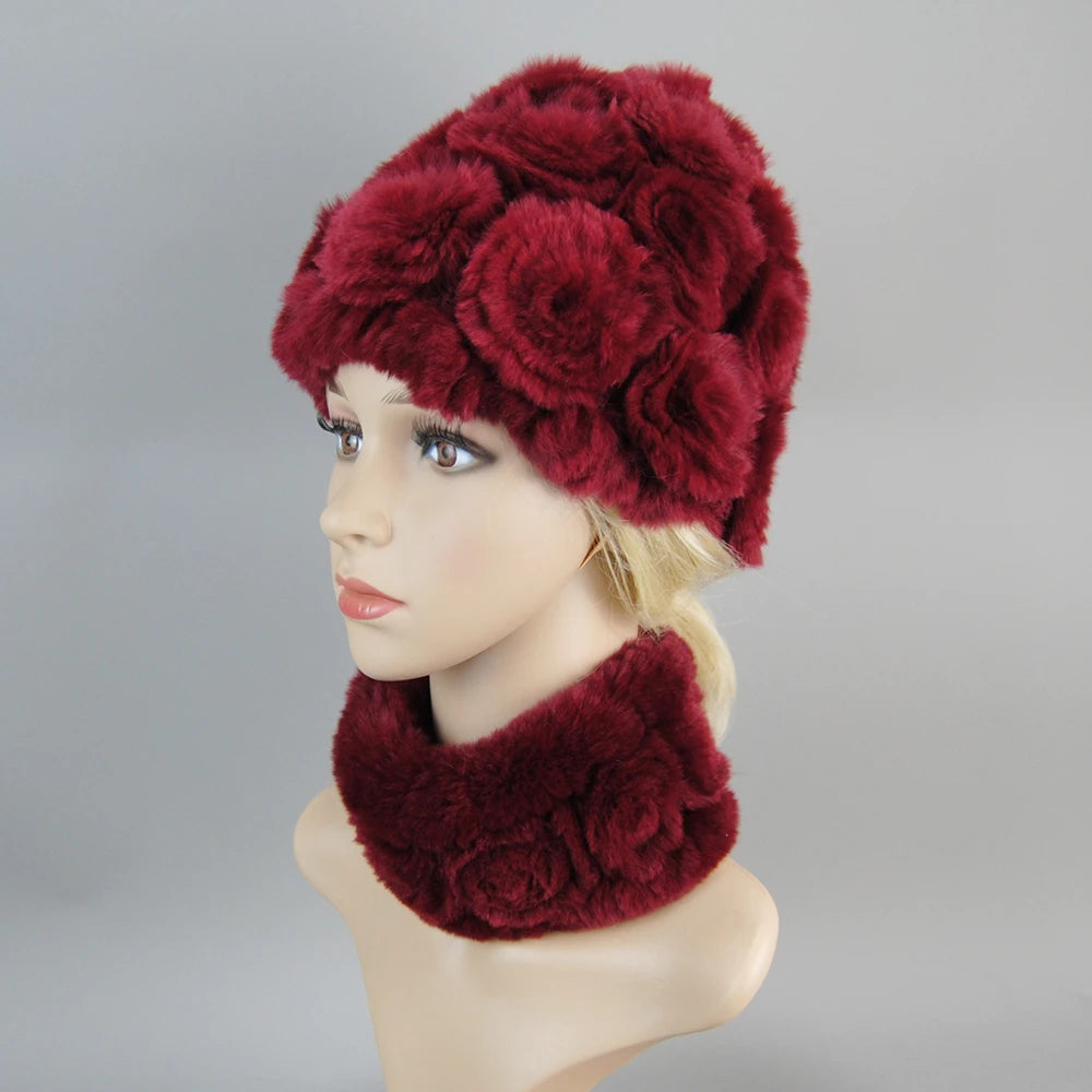 Women Knit Real Rex Rabbit Fur Hat Scarf Sets Natural Warm Rex Rabbit Fur Scarves Hat Winter Lady Real Rex Rabbit Fur Hat Scarf