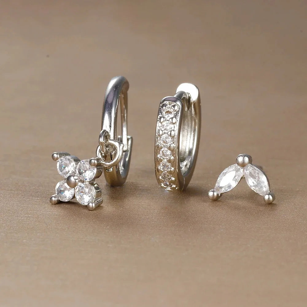 Pendientes de acero inoxidable con forma de flor y circonitas para mujer - Set de 3 piezas