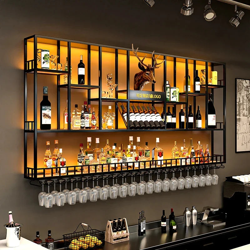 Customized: Bar Counter Wine Cabinet Against the Wall, Hanging Shelves, Industrial Style Bar, Wrought Iron Display Stand,