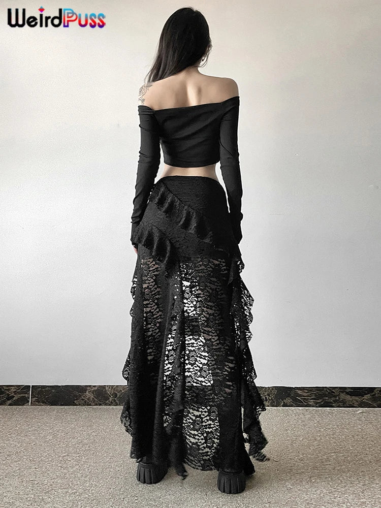 Weird Puss Women's Asymmetrical Tassel Skirt with Ruffles