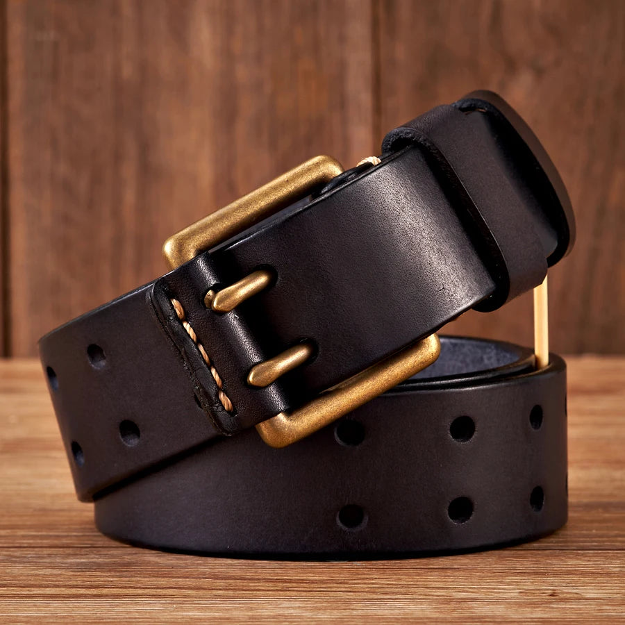 Cinturón vintage para hombre de 3.8 cm de ancho, hecho de piel de vaca genuina, con hebilla de doble aguja de cobre, cinturón artesanal para jeans, correa de moda para hombre