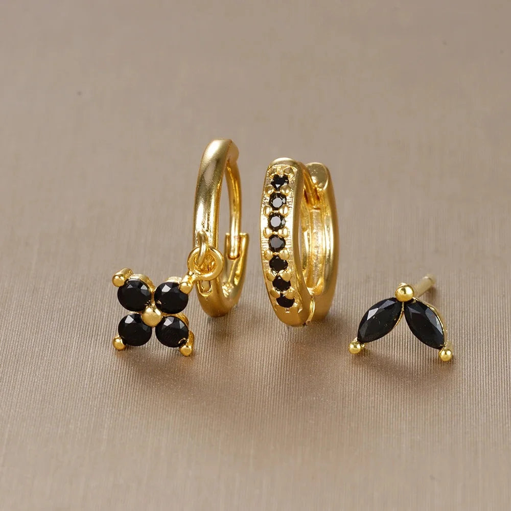 Pendientes de acero inoxidable con forma de flor y circonitas para mujer - Set de 3 piezas