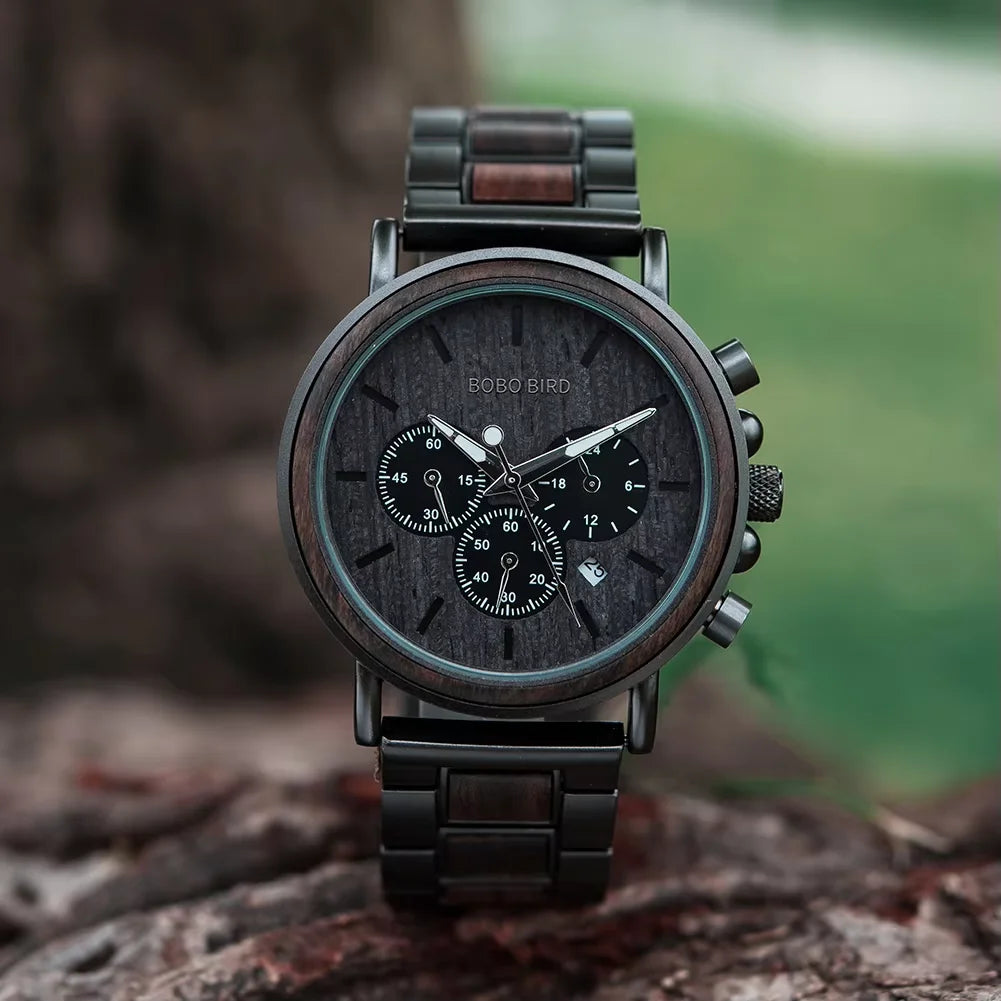 Chronograph Wristwatch BOBO BIRD Male Quartz Wooden Timepiece Auto Date Stopwatch Multifunctional Relogio Masculino Customized