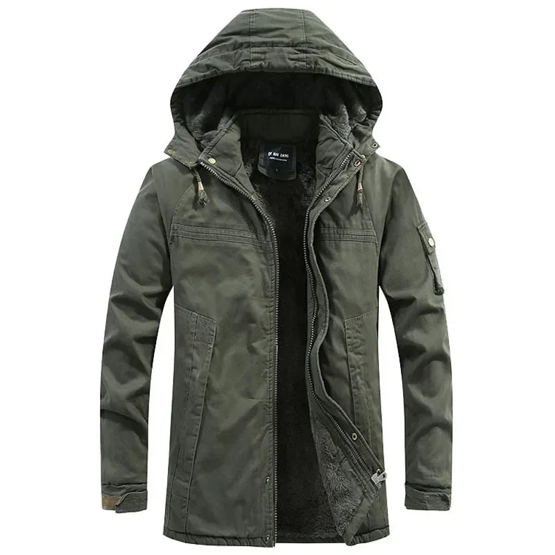 Męska kurtka parka w stylu militarnym, wiatroszczelna z kapturem, z bawełny typu washed, ocieplana grubym polarem, ciepła kurtka zimowa typu varsity w stylu casual, nowość