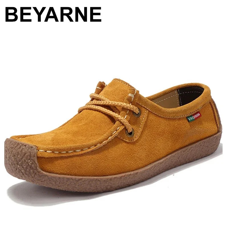 BEYARNE Brand Women Genuine Leather Flat Shoes Lace Up Sneakers Autumn Oxford Shoes Female Loafers Casual Suede Flats Stitching