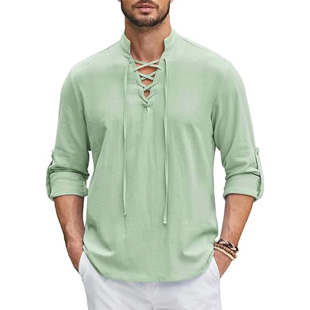 Men's Renaissance Shirt Pirate Medieval Viking Top Cotton Linen Shirts Men Long Sleeved Halloween Costume