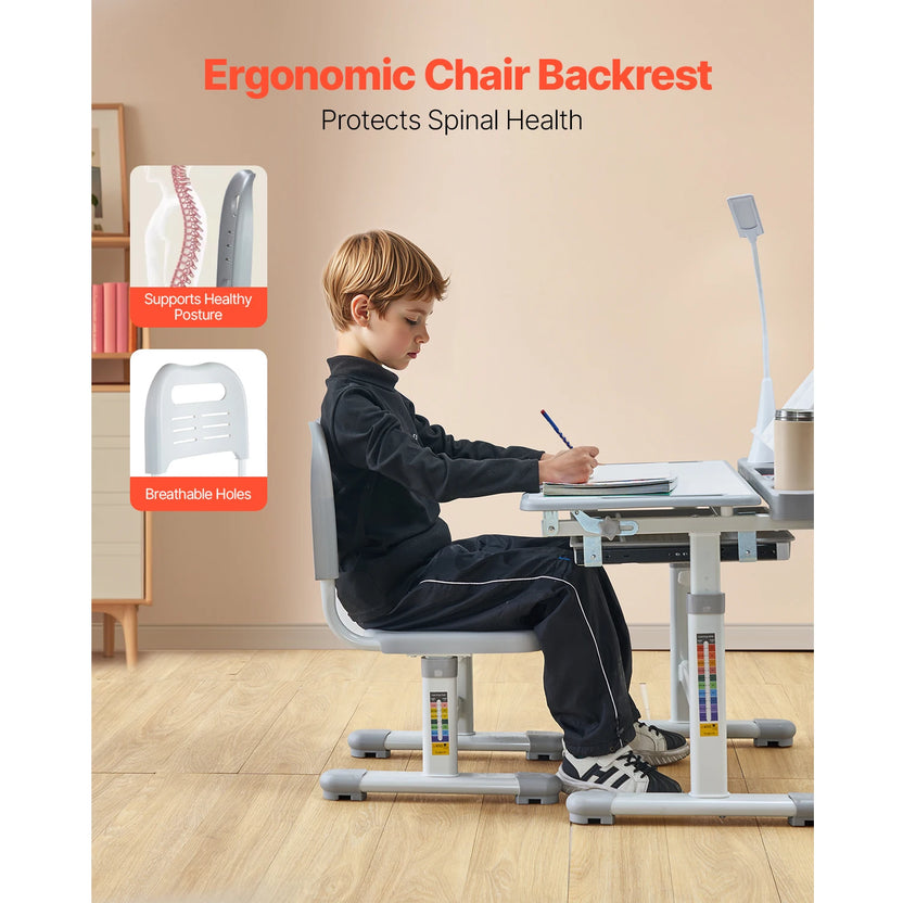 Set de escritorio y silla de estudio para niños SucceBuy, escritorio y silla de estudio para niños con lámpara de mesa, altura ajustable para dormitorio y sala de estudio
