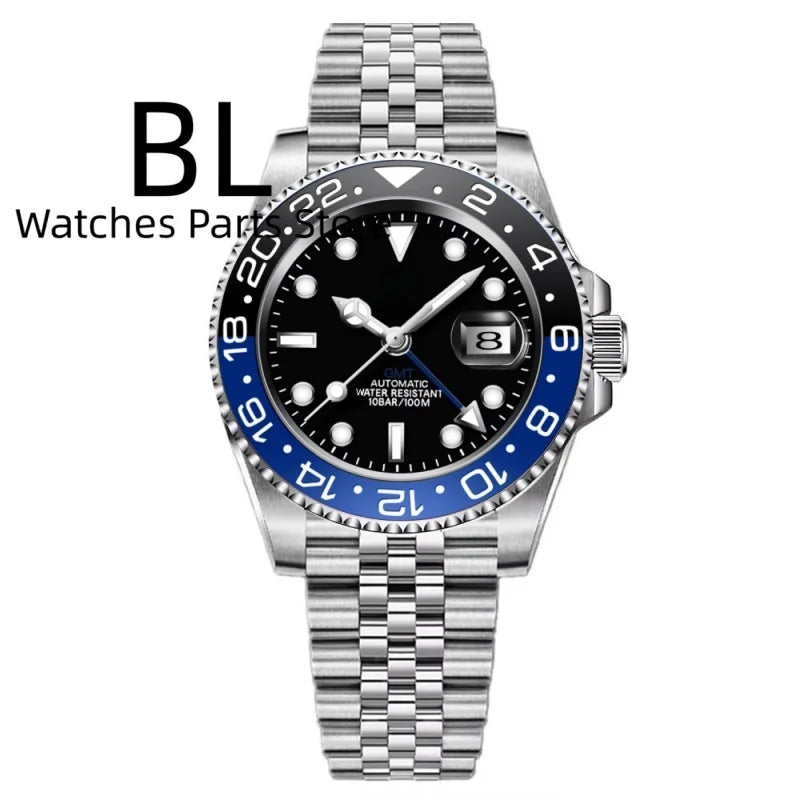 BLIGER 40mm Customizable Logo Blue GMT Watch for Men Black White Dial Green Luminous Sapphire Glass Waterproof Reloj Hombre Date