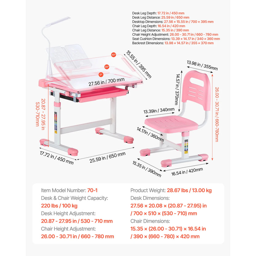 Set de escritorio y silla de estudio para niños SucceBuy, escritorio y silla de estudio para niños con lámpara de mesa, altura ajustable para dormitorio y sala de estudio