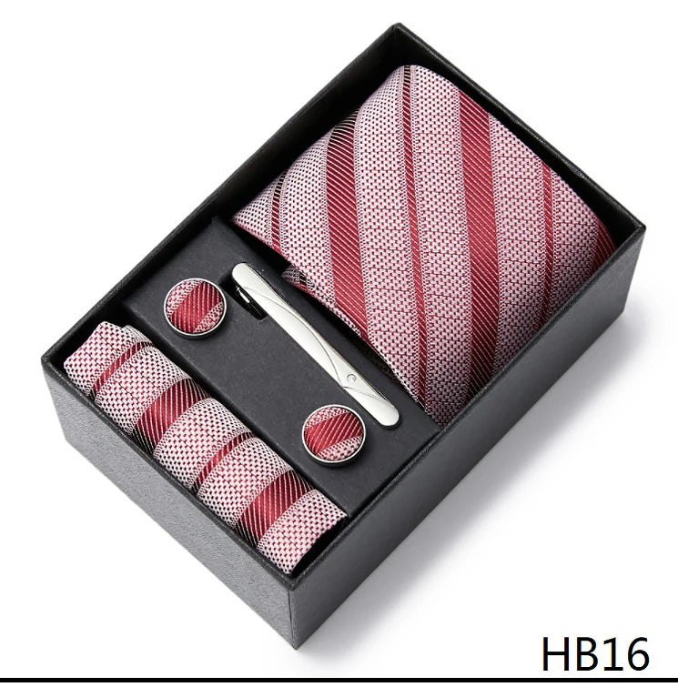 2023 Mode 7,5 cm breite Krawatten-Sets, schwarze Herren-Krawatte, Einstecktuch, Manschettenknöpfe, Krawattenklammer, Box, Hochzeitsgeschenk, handgefertigte Krawatte, Arbeitskleidung