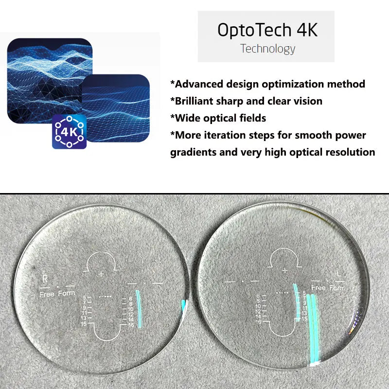 Lentes progresivos Free Form de índices 1.56, 1.60, 1.67, 1.74, fotocromáticos Transition, multifocales sin línea, diseño 4K de OptoTech Alemania