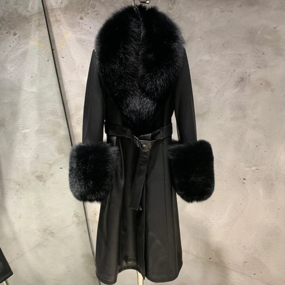 GO BALLISTIC YA Ladies Leather Coat Long Women Genuine Leather Windbreak With Collar and Cuff