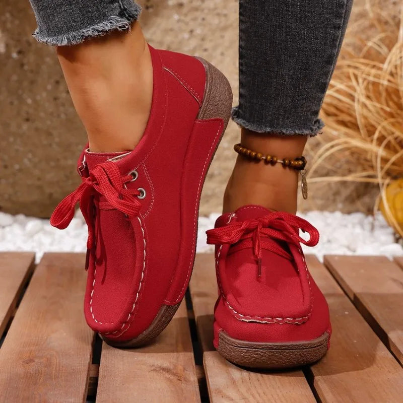 Women's Large Size Wedge Heel Casual Lace-Up Sneakers with Rubber Sole