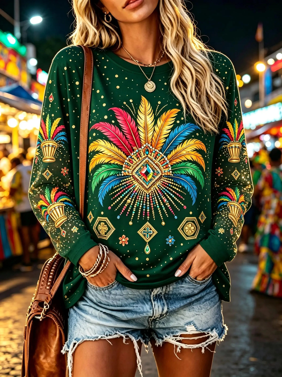 Women Crew Neck Long Sleeve T Shirt Teal Feather Diamond Celestial Ethnic Print Oversized Loose Casual Top