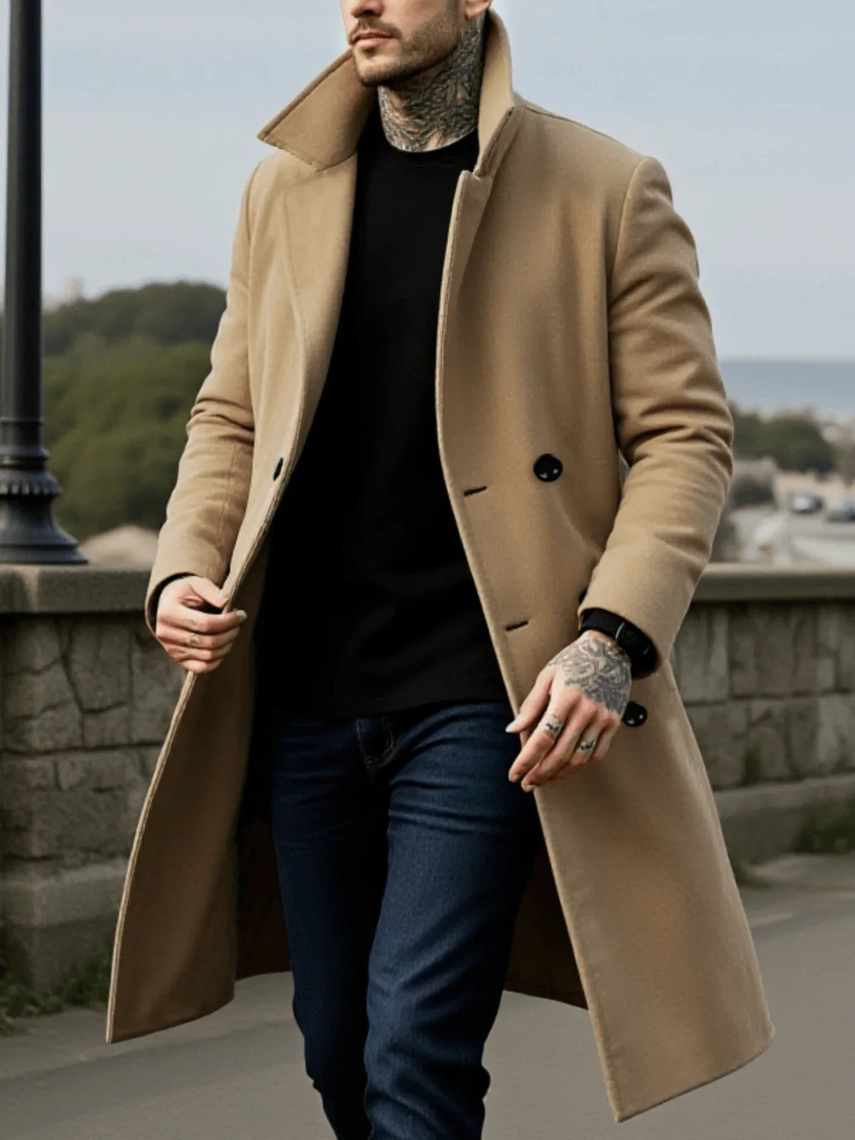 Men's Woolen Double Breasted Mid-Length Winter Coat with Lining