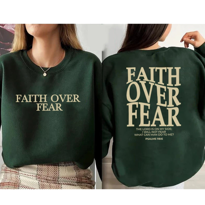 Bluza z napisem Faith Over Fear chrześcijańska bluza z kapturem modny sweter cytat z Biblii religijna bluza bez kaptura topy z motywem Jezusa i wiary