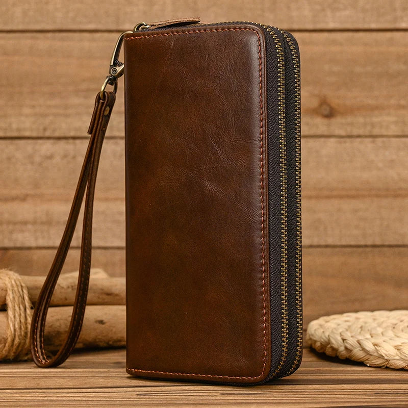 Luksusowy portfel damski i męski z podwójnym zamkiem, długi, skórzany w stylu vintage, kopertówka, etui na telefon, karty i monety, 100% prawdziwa skóra, portfel męski