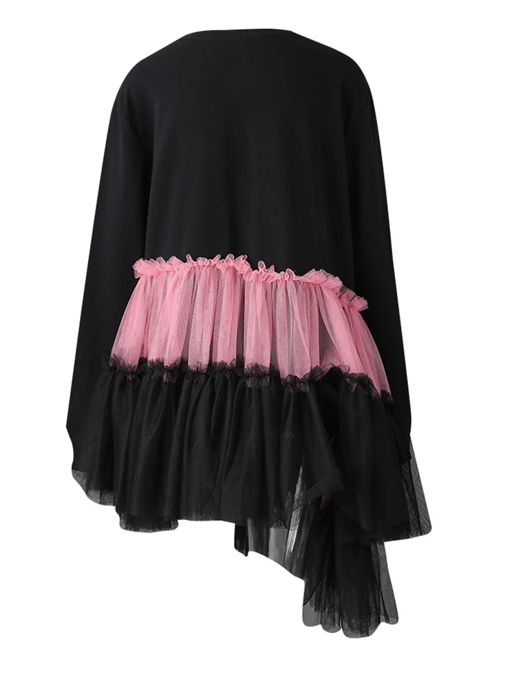 [EAM] Women Balck Mesh Ruffles Irregular Big Size Mini Dress New Round Neck Long Sleeve Fashion Tide Spring Autumn 2026 CPG3045