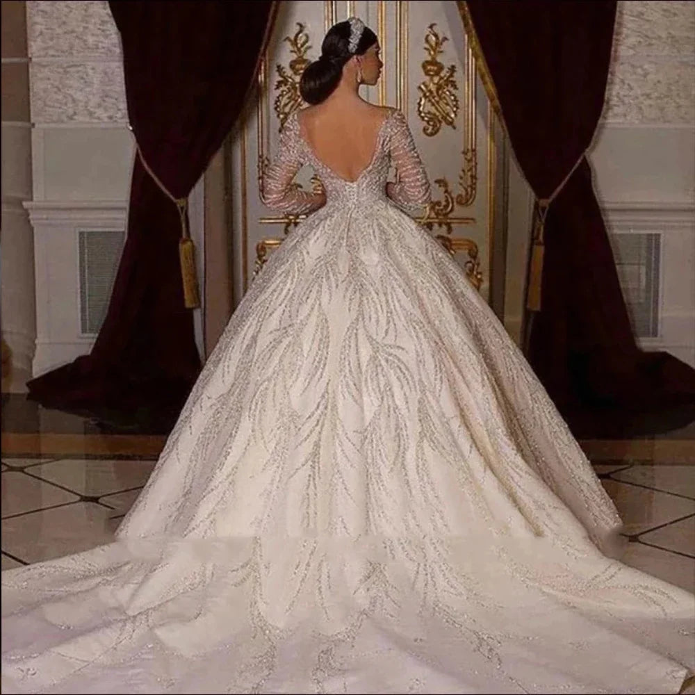 Customized Long Sleeve Shiny Ball Gown Wedding Dresses Sequined Princess Bride Gown Vestido De Novia Boda Amanda Novias Oficial
