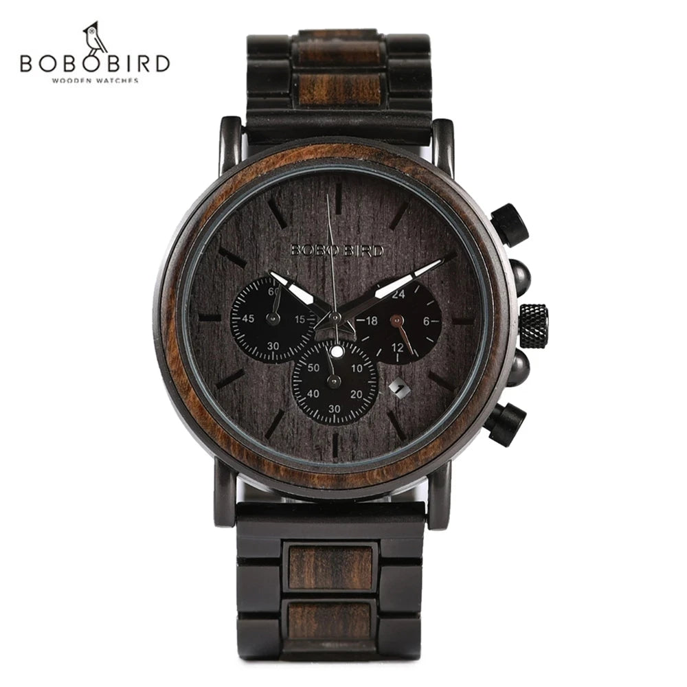 BOBO BIRD Wooden Watch Men's Quartz Wristwatch Military Chronograph Top Fashion Waterproof Clcok Great Gift Box Reloj Hombre