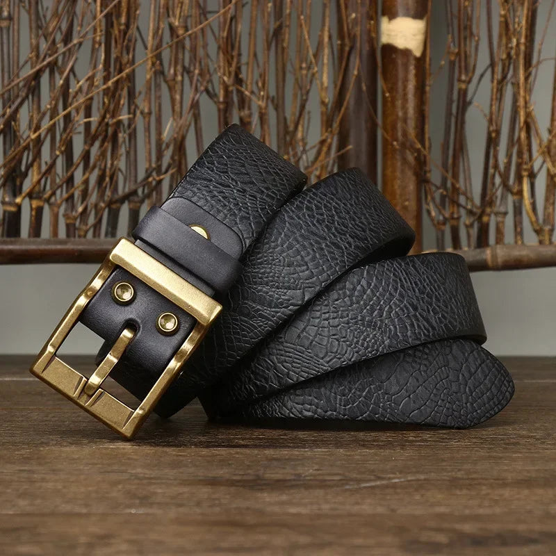 3.8 Wide Pure Cowhide Genuine Leather for Men's High Quality Jeans Brass Buckle Belts Cowboy Waistband Male Fashion Designer