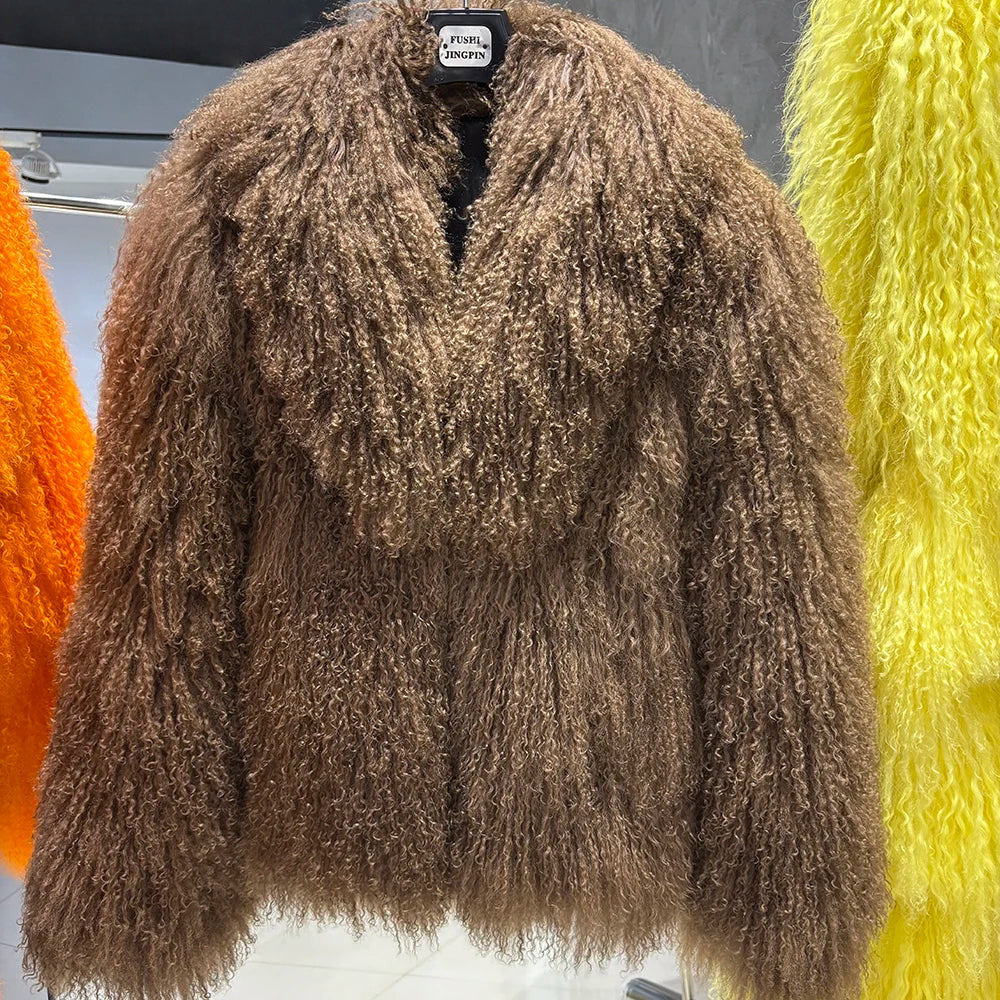 YOLOAgain Women's Real Mongolia Sheep Fur Jacket Dark Brown Sheep Fur Jacket