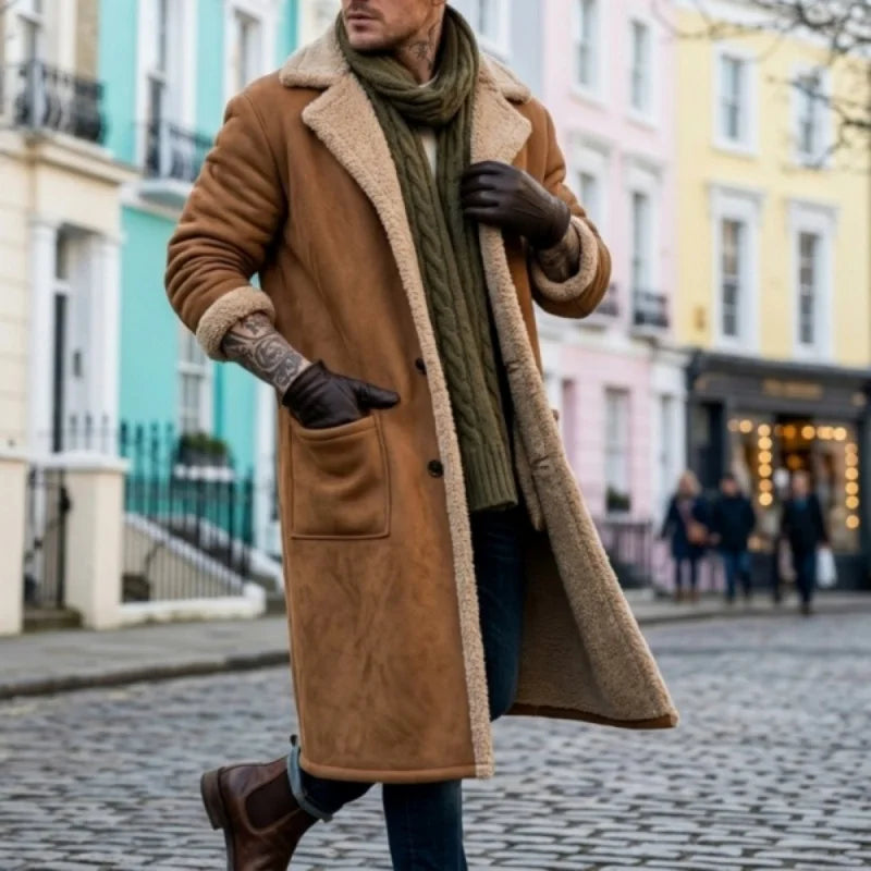 Men's Plus-Size Winter Long Fleece Coat with Turn-Down Collar