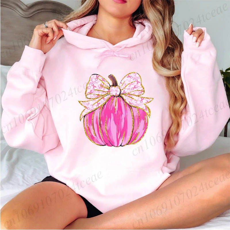Breast Cancer Pumpkin Design Hoodies Breast Cancer Awareness Graphic Hooded Sweatshirts in October We Wear Pink Tracksuits Gifts