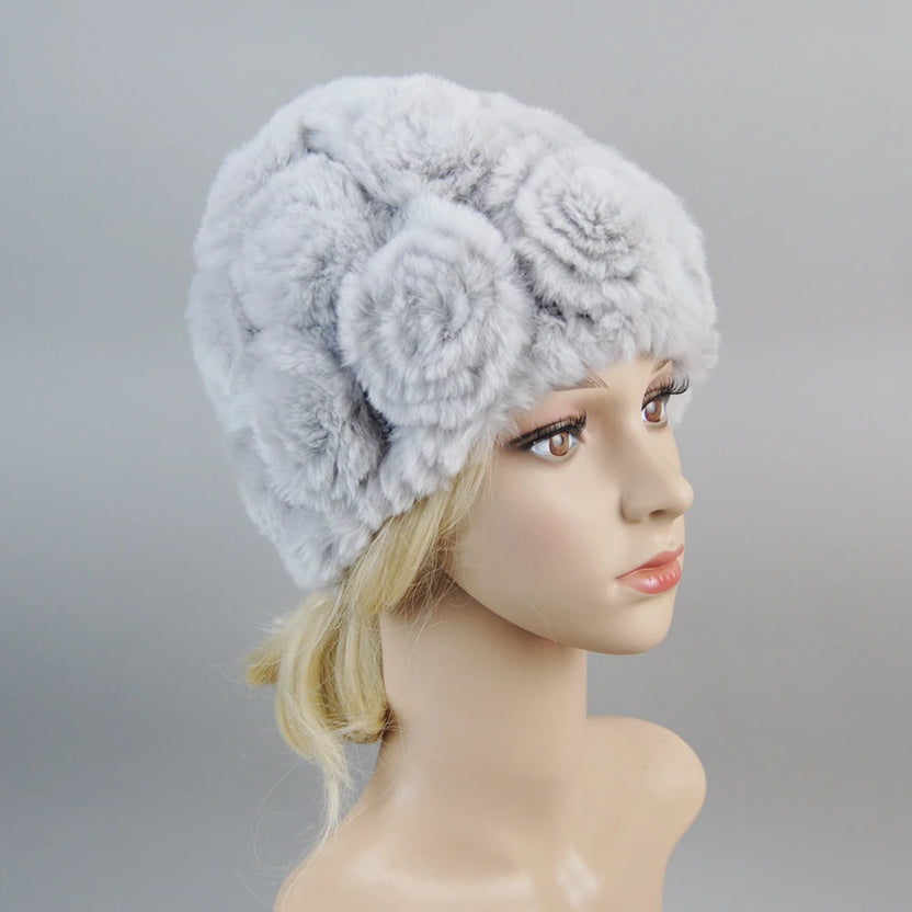 Damen Strick-Set aus echtem Rexkaninchenfell, Mütze und Schal, natürlicher warmer Rexkaninchenfell-Schal, Wintermütze für Damen, Set aus echtem Rexkaninchenfell